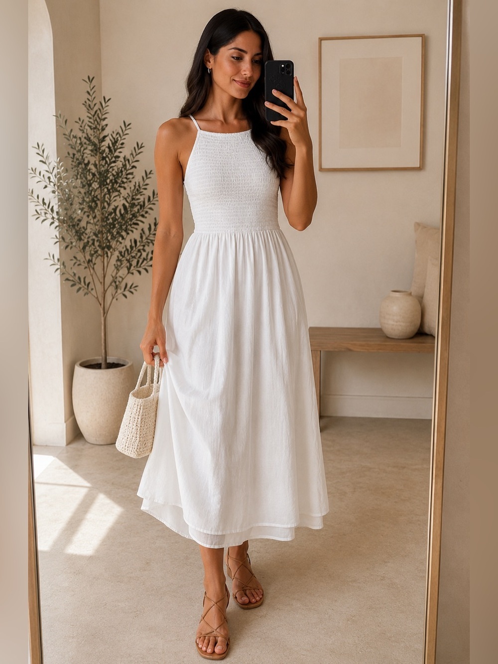 NWT Joie White Linen Blend Smocked Midi Dress Small Halter Resort Beach Wedding